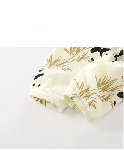 2Pcs Girls Summer Cotton Gauze Thin Pajamas Home Wear Cartoon Floral Print Long Sleeve Lace Trimmed Sleepwear Baby  Clothing Set
