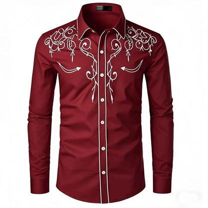 White Embroidery Shirts for Men Casual Shirt Western Style Cowboy Long Sleeve Party Dress Tops Classic Men's Clothing