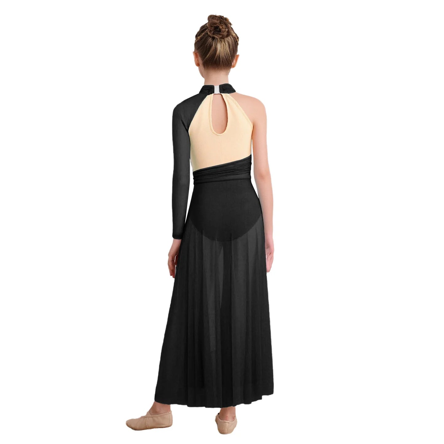 Kids Girls Modern Lyrical Dance Dresses Delicate Applique Keyhole Back Side Split Irregular Hem Asymmetrical Ruched Mesh Dress