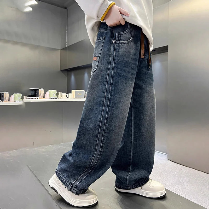 Boys Wide-leg Jeans 5-14 Years Spring Autumn Fashion Cool Casual Sports Denim Straight Pants for Kids Loose Trousers