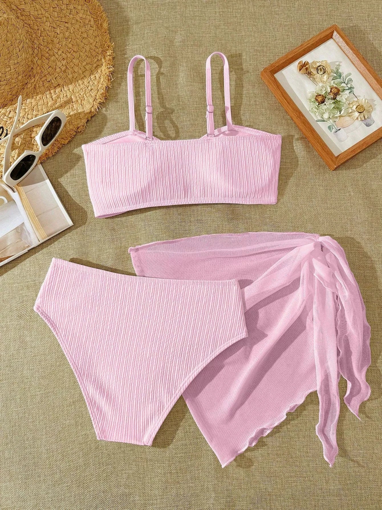 Teen Girl's Swimsuit 3pcs Bikini Set Bathing Suit for Girls 7-16 Years Thin Straps Summer Outfits  Beach Swimwear Soild Color