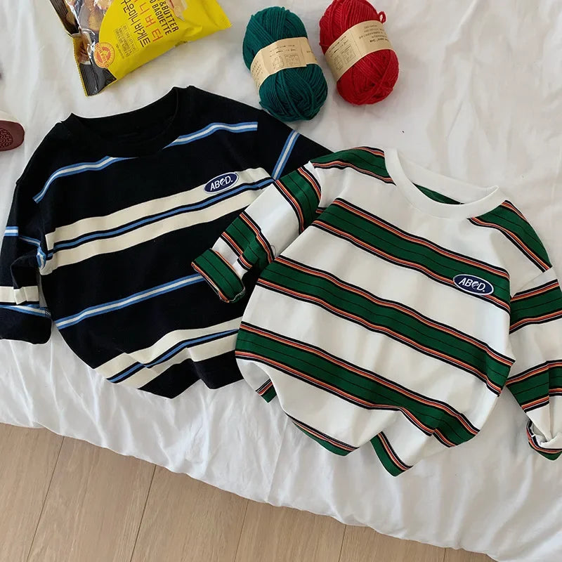 Children Girls Long Sleeves Shirts 2-7 years Bottoming Cool Boys Stripe Cotton T-shirt Teen Loose Casual 2-7y Kids Top Clothes
