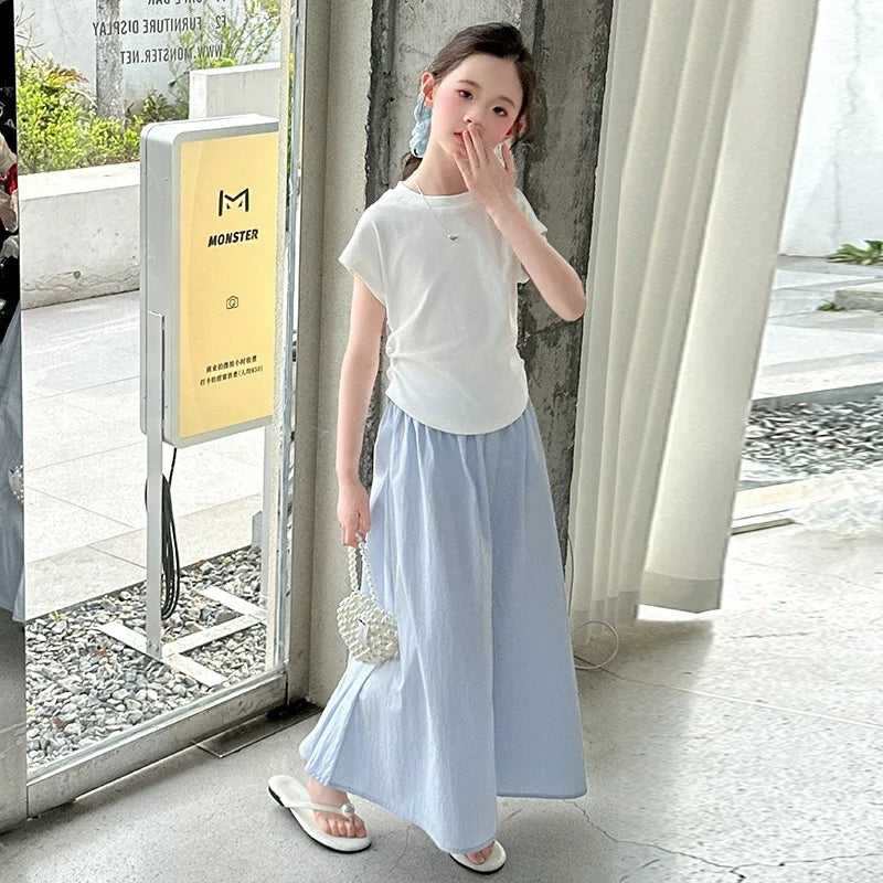 Girls New Suit Children Top Set Summer Short Sleeved T-shirt Pants 2PCS Kid Solid Color Outfits Teen Casual Loose Clothes