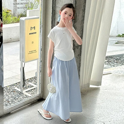 Girls New Suit Children Top Set Summer Short Sleeved T-shirt Pants 2PCS Kid Solid Color Outfits Teen Casual Loose Clothes