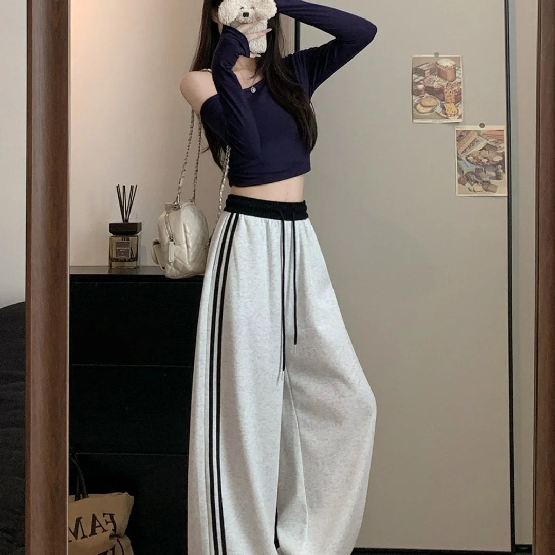 Girls Sweatpants Elastic Waist Drawstring Side Double Striped High Waist Loose Fit Wide Leg Straight Cut Casual Pants Streetwear