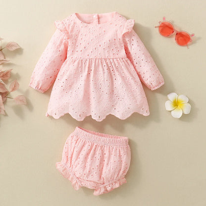 Baby Girls Clothes Set Spring Summer Toddler Solid Color Round Neck Long Sleeve T-Shirt Tops And Elastic Casual Ruffle Shorts