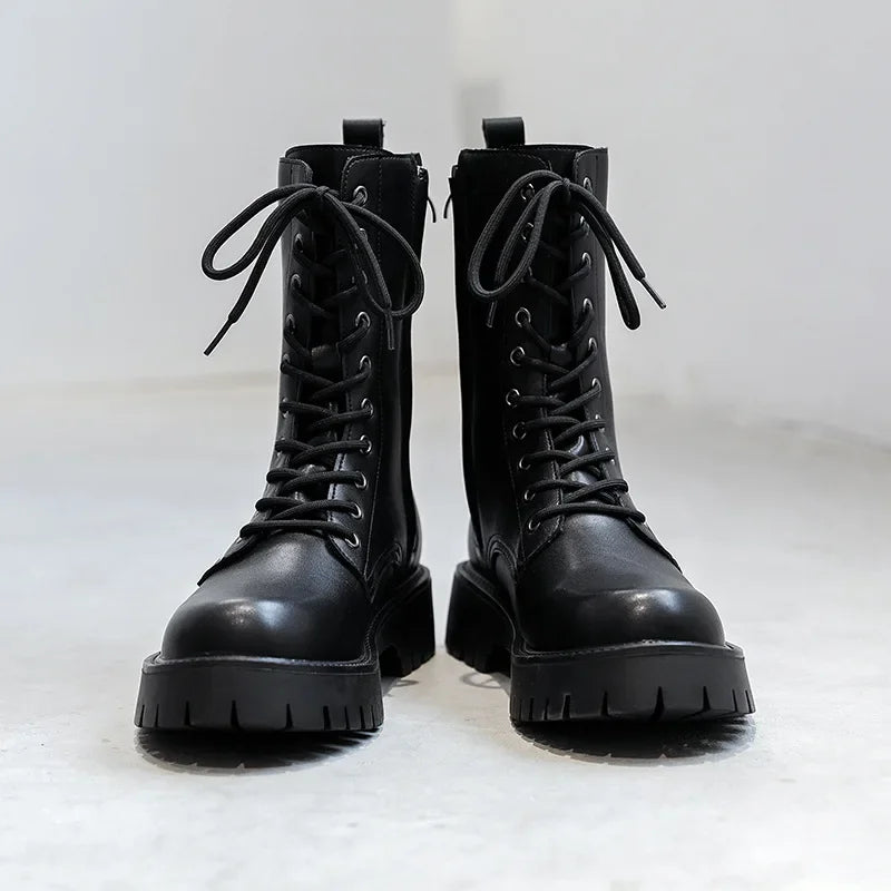 Men's Motorcycle Boots Fashion Casual Boots Men's  High Top Leather Boots Fashion Thick Soled Non Slip Outdoor Boots