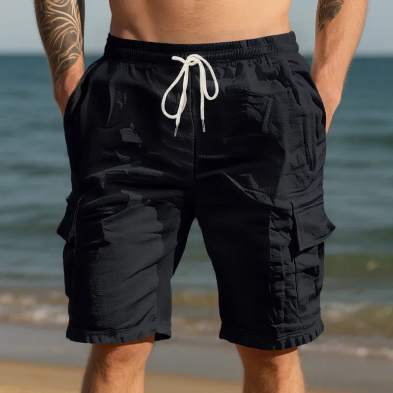 Cross-border European and American men beach skin-friendly breathable linen loose cargo multi-pocket squat jogging casual shorts