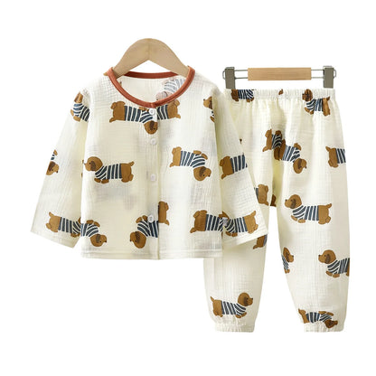 2Pcs Girls Summer Cotton Gauze Thin Pajamas Home Wear Cartoon Floral Print Long Sleeve Lace Trimmed Sleepwear Baby  Clothing Set
