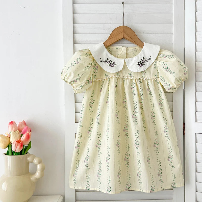 New Girls Clothes 1-6Yrs Baby Girls Dresses Floral Purple Puff Sleeve Dress Summer Dresses Embroidered Collar Boutique Clothes