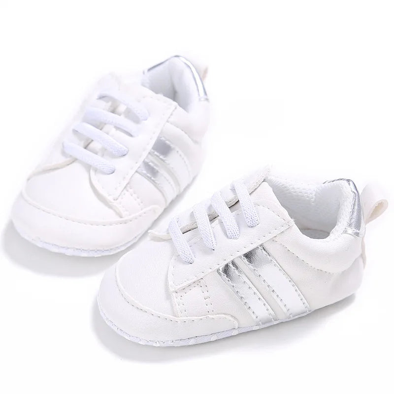 Newborn Baby Boys Shoes for 1 Year Footwear with Striped Infant Casual PU Leather Toddler Soft Sole Girls Sneakers First Walkers