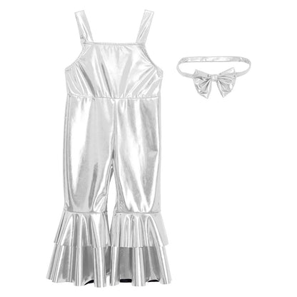 Baby Girls Clothes Birthday Party Metallic Bell Bottoms Romper Djustable Straps Bow Overalls with Headwear Photo Shoot Outfit