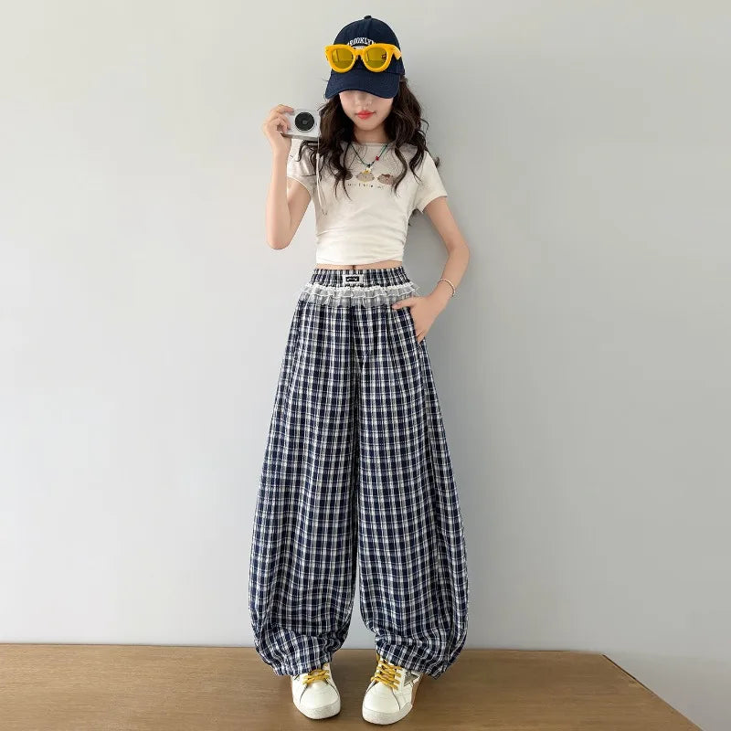 Girls Pants Spring Summer 2026 Minimalist Cute Casual Plaid Wide Leg Pants Elastic Waist Lace Ruffle Trim Children's Clothing