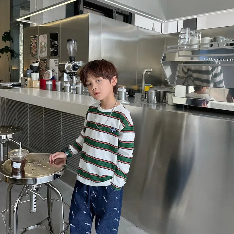 Children Girls Long Sleeves Shirts 2-7 years Bottoming Cool Boys Stripe Cotton T-shirt Teen Loose Casual 2-7y Kids Top Clothes