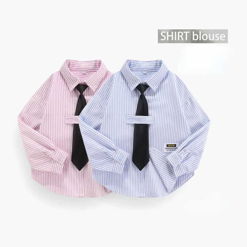 Girls Boys Blouses Long Sleeved Shirts Teens England Style Outerwear Kids Necktie Jacket 2024 Spring Autumn Children's Clothing