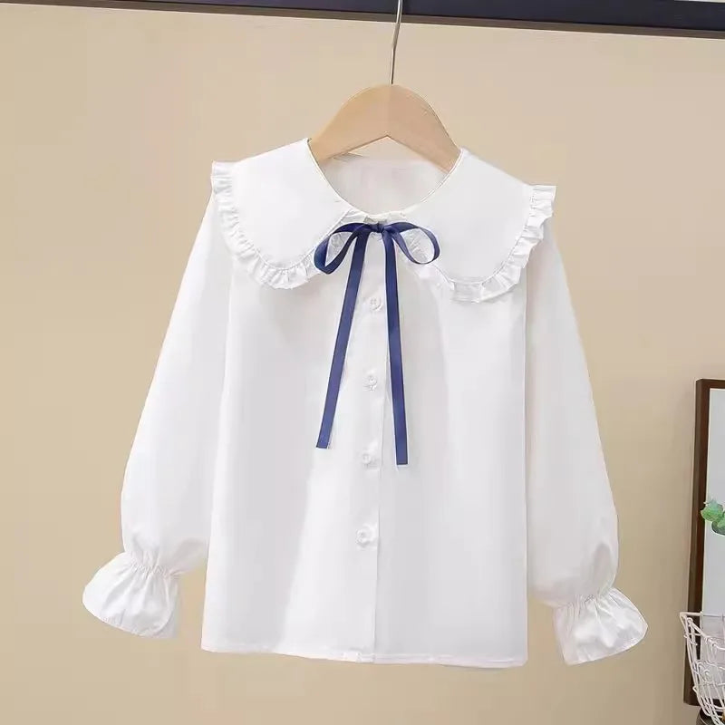 Girls' Spring Autumn Blouse New Korean Style Fashionable Long Sleeve White Shirt Children's Lace Peter Pan Collar Bottoming Shir