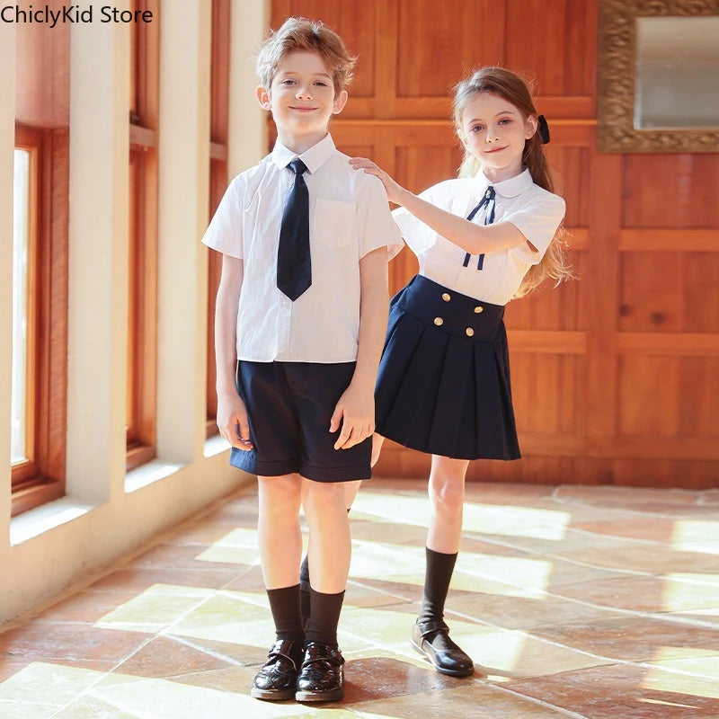 Girls Short Sleeve Blouse Skirt Boys British Shirt Shorts Children Kindergarten Students Summer Clothes Sets Kids School Uniform