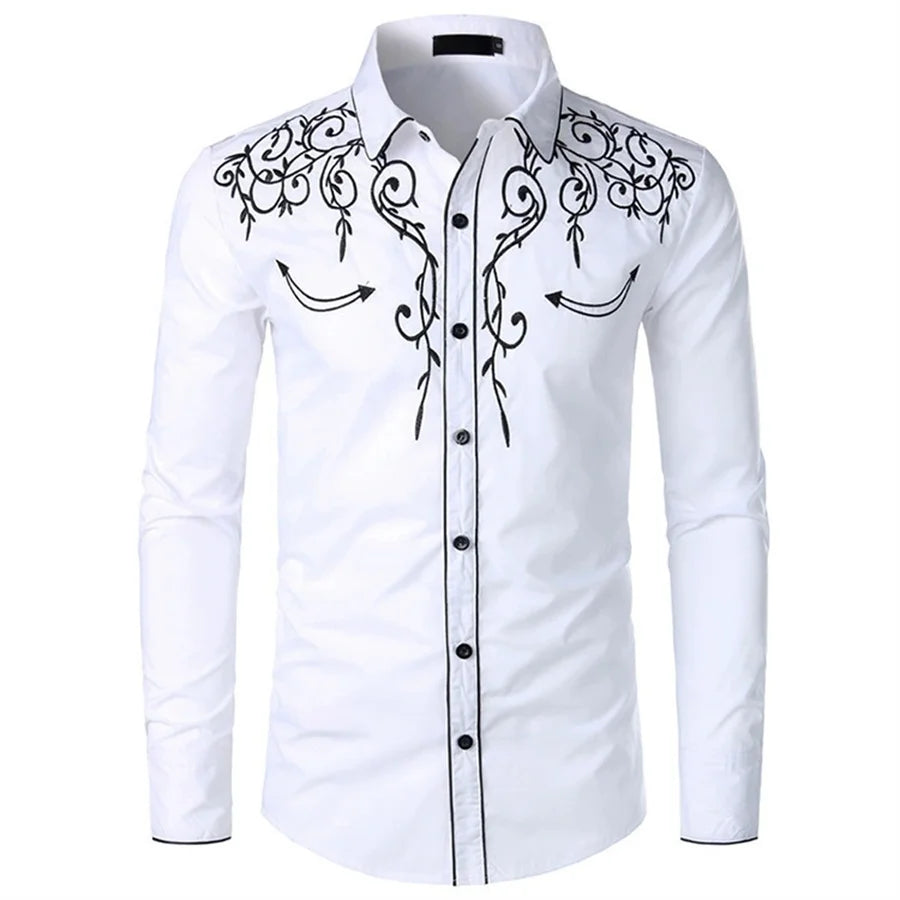 White Embroidery Shirts for Men Casual Shirt Western Style Cowboy Long Sleeve Party Dress Tops Classic Men's Clothing