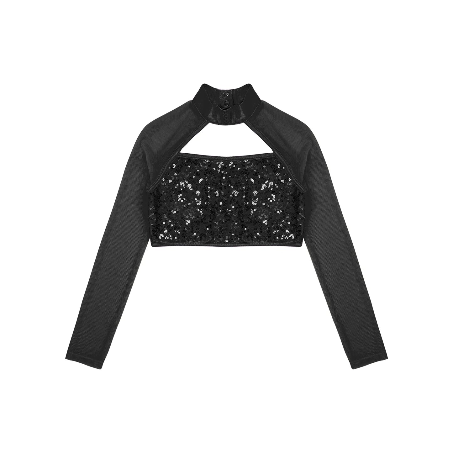 Teen Girls Hip Hop Jazz Street Dance Top Long Sleeve Shiny Sequin Mesh Crop T-shirt Yoga Sportswear Skating Gymnastics Dancewear