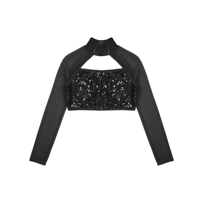Teen Girls Hip Hop Jazz Street Dance Top Long Sleeve Shiny Sequin Mesh Crop T-shirt Yoga Sportswear Skating Gymnastics Dancewear
