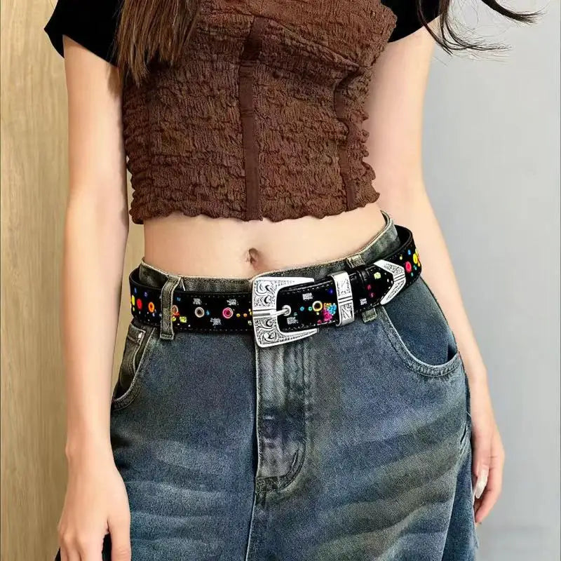 Bling Sequin Belts For Women Girl Fashion PU Leather Belts Western Cowboy Y2K Retro Jeans Skirt Decor Waistband