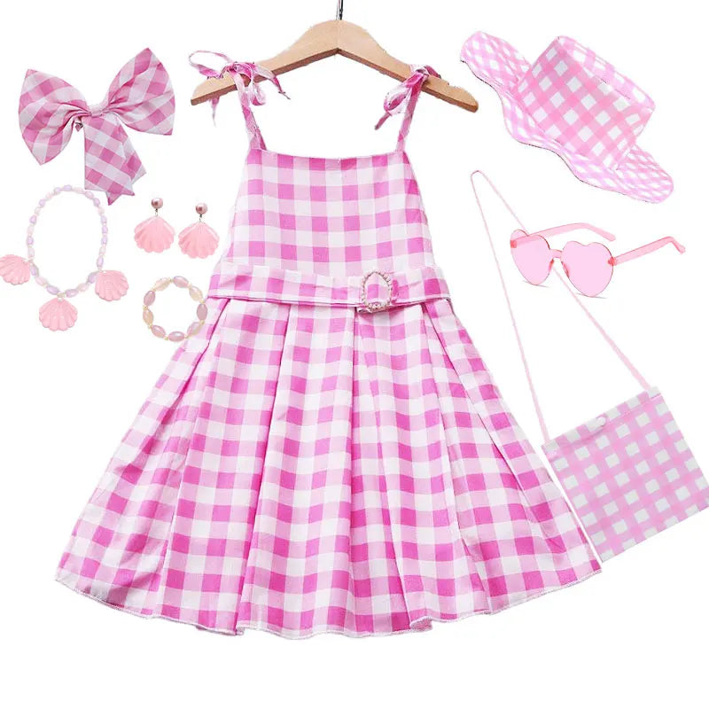 Girls' Summer Off Shoulder Dress with Belt Suitable For Female Pink Plaid Frock Kid Christmas And Halloween Role-Playing Costume