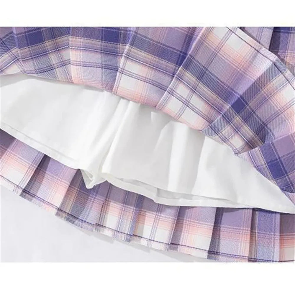 Girls' Trendy School Outfit - Cartoon Music Guitar Rabbit Print Tee + Plaid Skirt Two-Piece Set Teenage Girls Clothes Set