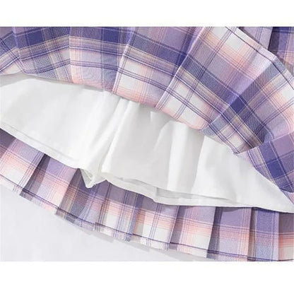 Girls' Trendy School Outfit - Cartoon Music Guitar Rabbit Print Tee + Plaid Skirt Two-Piece Set Teenage Girls Clothes Set