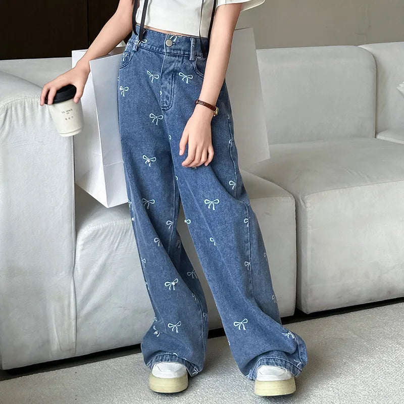 New Summer Girls Casual Style Jeans For Teenage Clothes Bow Print Denim Wide Leg Pants Spring Big Kids Straight Trousers 5-16Y