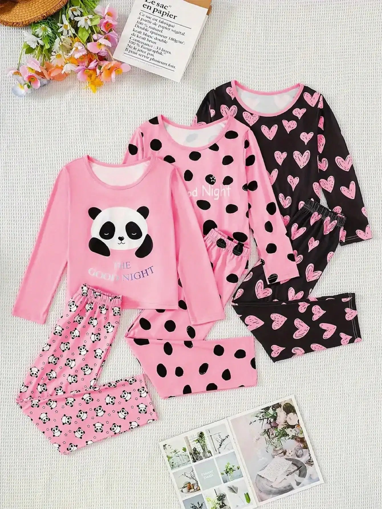 3-piece set of Big Girl casual pajamas, cute panda heart printed round neck long sleeved pants, trendy style