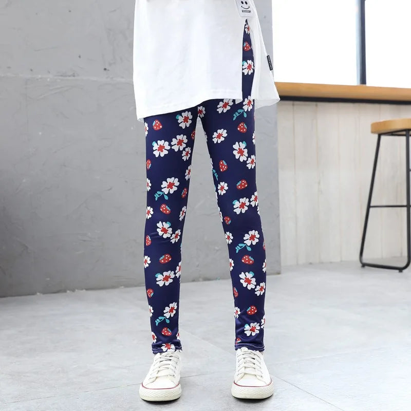 Girls' Pants Summer Thin Children's Elastic Leggings Baby Milk Screen Printed Floral Long Pants Slim Fit Ages 3-11Y