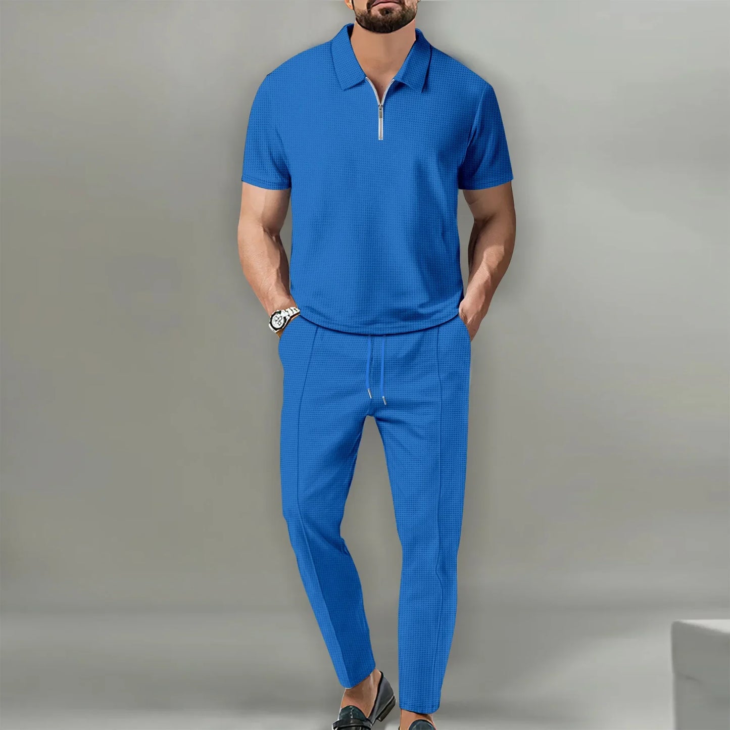 2026 Autumn New European and American Men's Solid Color Leisure Suit Waffle Collar Short-sleeved Zipper Pants Suit
