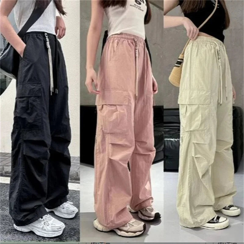 Girls Cargo Pants Autumn Summer Thin Loose-fit Wide-leg Long Trousers New 2025 Trendy Junior High School Students Casual Clothes