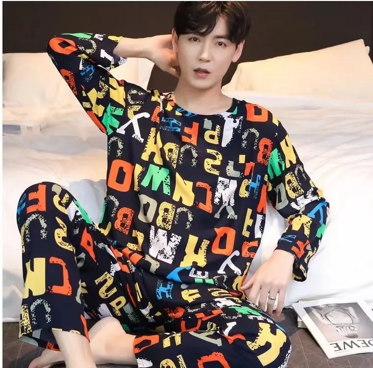 Men Pajamas Long-Sleeved Long Trousers Autumn and Winter Large Size Homewear Two-Piece Set Sleepwear Loungewear Youth Nightwear