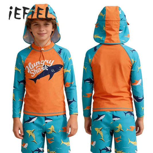 New Boys 3 Pieces Shark-patterned Swimwear Set Long Sleeve Top with Shorts Sunshade Cap Quick-dry Swimsuit Summer Bathing Suit