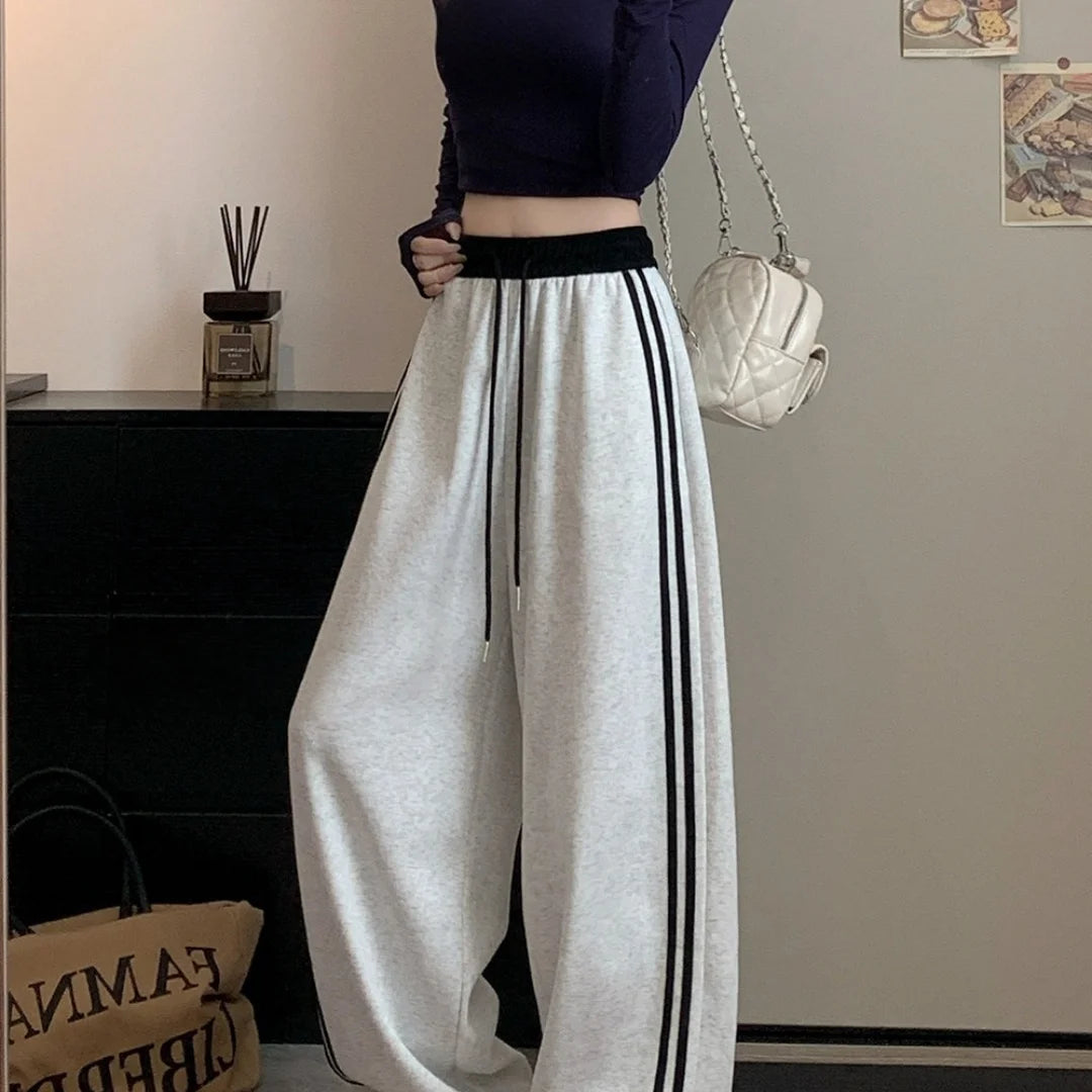Girls Sweatpants Elastic Waist Drawstring Side Double Striped High Waist Loose Fit Wide Leg Straight Cut Casual Pants Streetwear