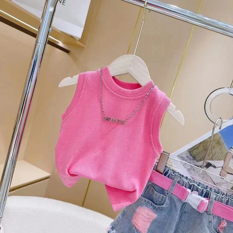 Girls' Denim Shorts Suit Summer 2025 New Kids Outfits Korean Version Little Girls' Fashionable Shorts T-shirtTwo-piece Set 2-10T