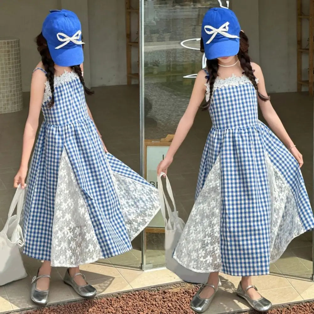 Fashion Plaid Girl Princess Dress Loose Lace Mesh Teens Sling Dress Sweet Skirt Children Sleeveless Dresses Summer