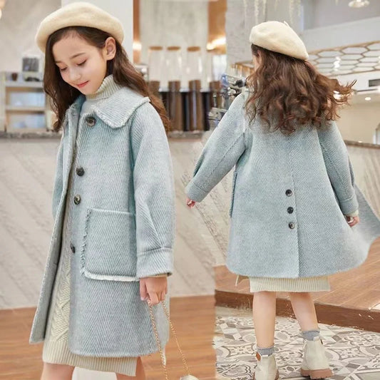 5 to 12 years old girls woolen coat 2024 autumn and winter new style thickened coat, medium long fashion baby girls outerwear