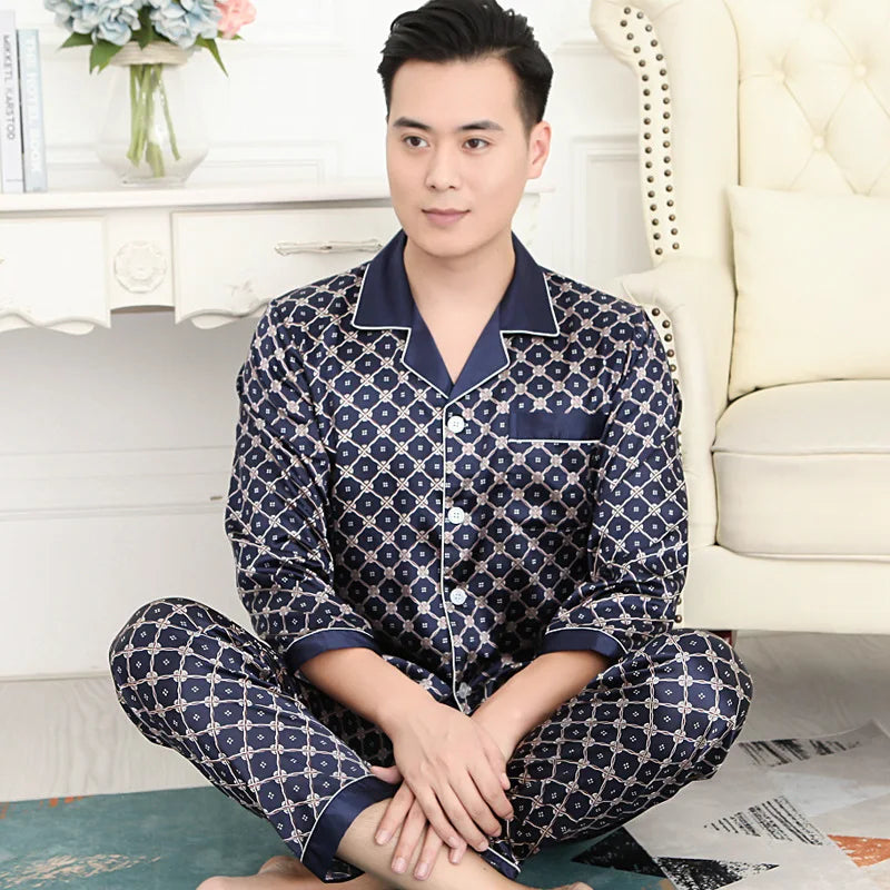 Pajamas Men Spring Summer Thin Ice Silk Luxurious Loose Fitting Home Wear Suit Male Satin Pyjamas Set Night Pajamas Set Men