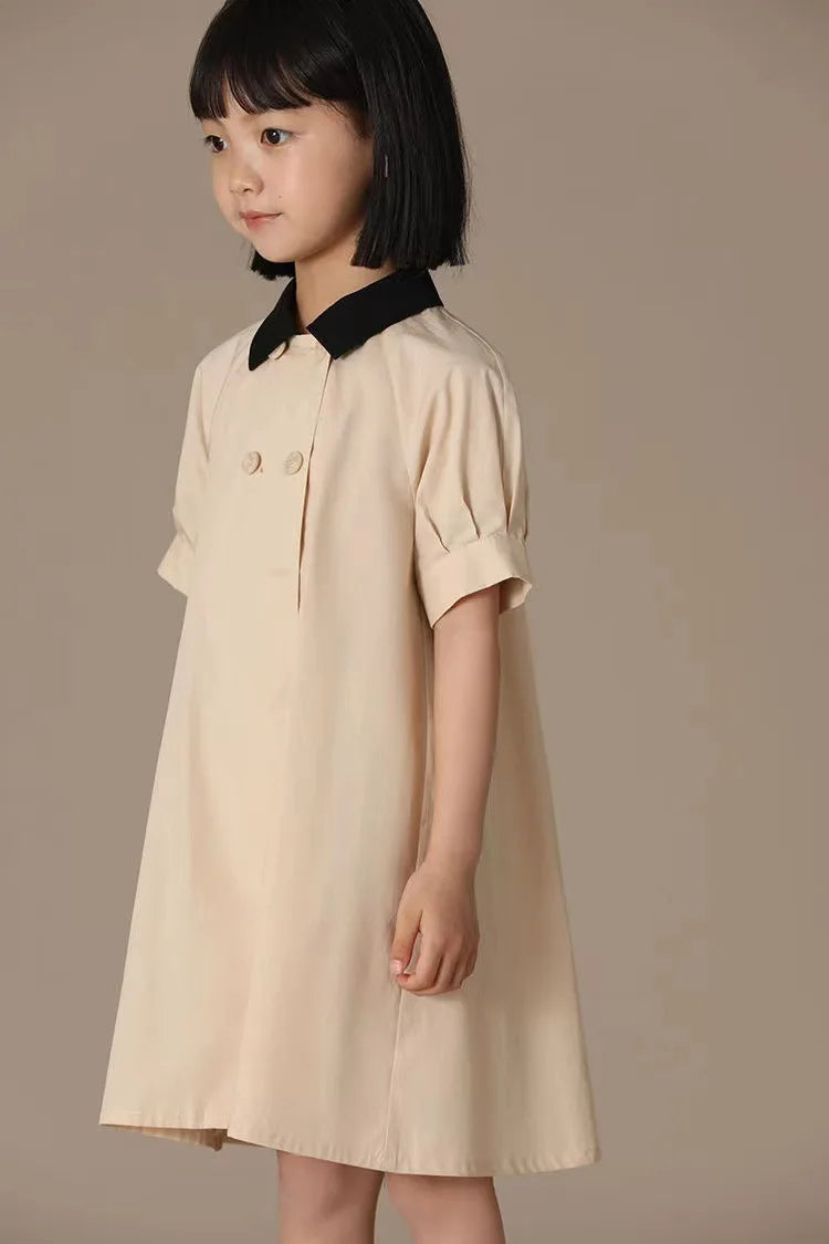Girls Dress 2025 Spring Summer New Simple Temperament Cotton Contrasting Turn-down Collar Double Breasted Short Sleeved Dress