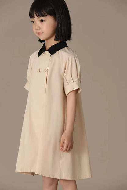 Girls Dress 2025 Spring Summer New Simple Temperament Cotton Contrasting Turn-down Collar Double Breasted Short Sleeved Dress