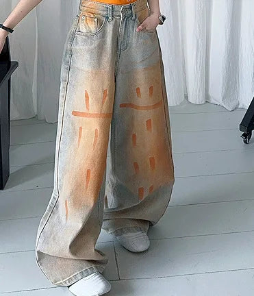 summer teen girls Orange washed graffiti straight leg jeans cotton letter short t-shirt top 4 10 12 14 junior child kids outfits