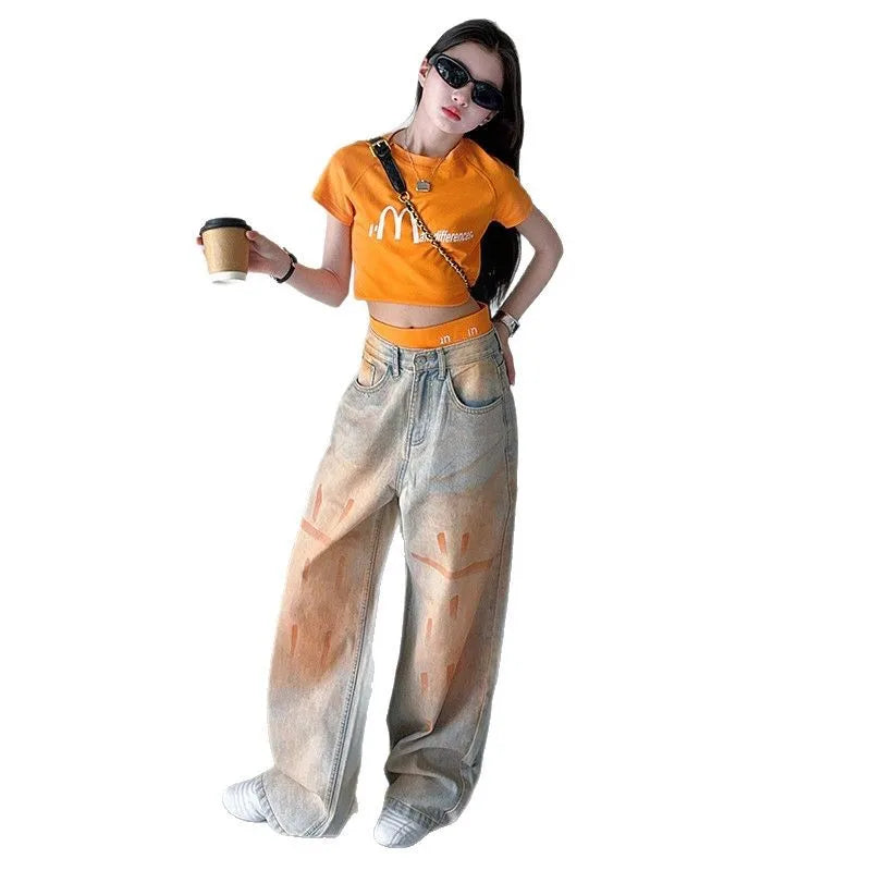 summer teen girls Orange washed graffiti straight leg jeans cotton letter short t-shirt top 4 10 12 14 junior child kids outfits