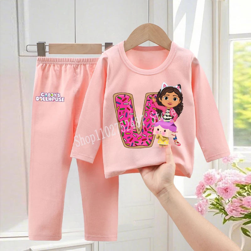 Gabby Dollhouses Pajamas Pants Set Girls Cute Letter A-Z Nightwear Trousers Kids Winter Home Clothes Children Long Sleeves Gift