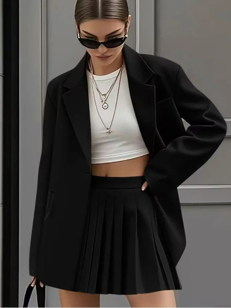 Women's New Fashion Casual Two-Piece Sets Pleated Skirt Suits Women Spring Autumn Office Ladies Solid Suit Coat And Skirt Set