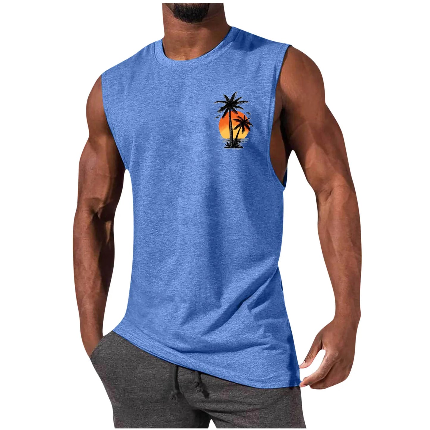 2025 Men's Hawaiian Beach Shirt Tropical Sunset Print Sleeveless Tank Top Palm Tree Vacation Swim Shirt Quick Dry Resort Wear