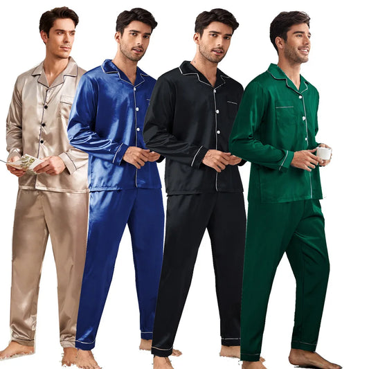Men Sleepwear Solid Color Nightwear Long Sleeve Top&pants 2Pcs Pyjamas Suit Home Clothes Satin Homewear Outfits Male Pajamas