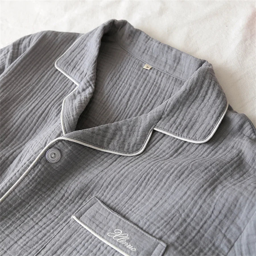 2025 New Summer Men Pajamas Suit Cotton Crepe Gauze Solid Color Simple Short-sleeved Shirt Shorts Sleepwear Men's Loungewear