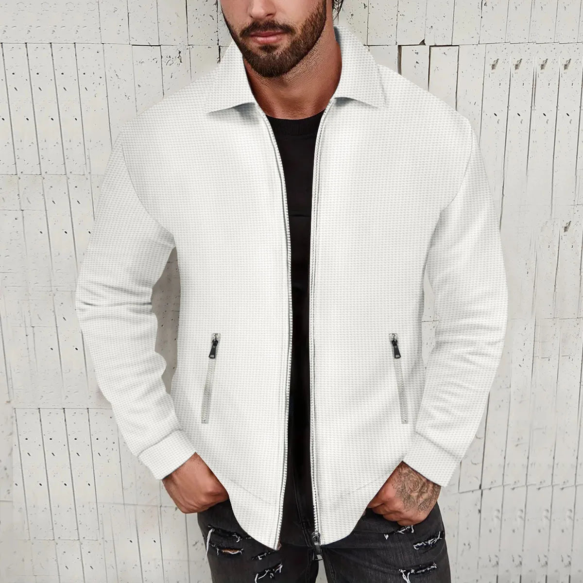 Teen Boys New Textured Waffle Zip Up Jacket Men's Casual Long Sleeve Coat With Zipper Pockets